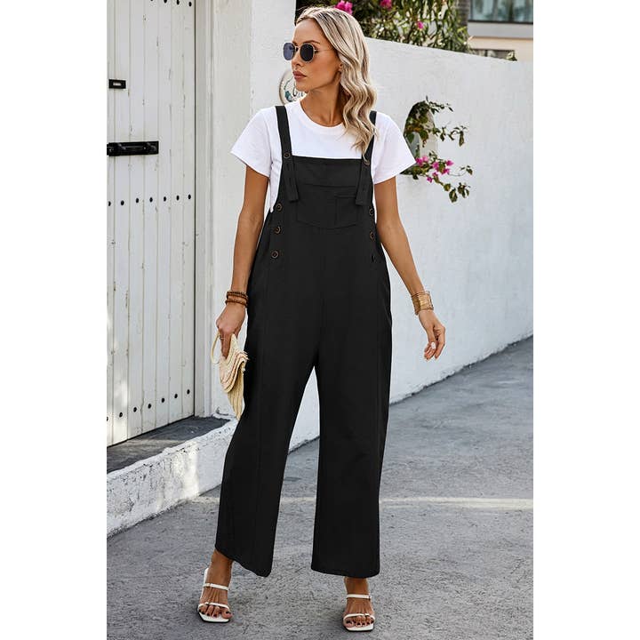 Supreme Fashion - Wholesale Overalls - Women's - Solid Square Neck Button Trim Pockets Jumpsuit