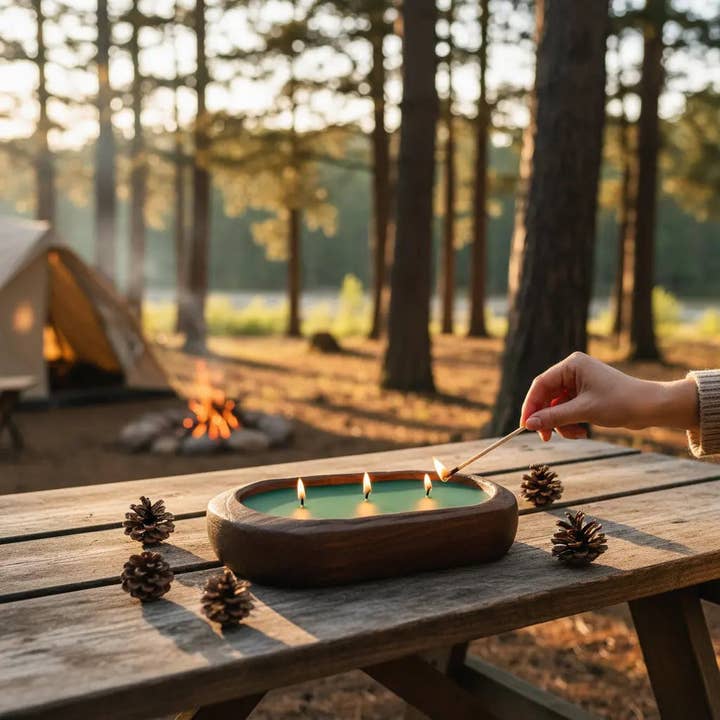 Fyrretræslys i håndskåret skål | Økologisk sojalys for engroshandel hos LUXXE Candles
