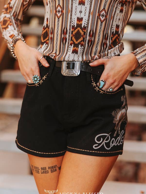 Black Buck-stitch Printed Stretch Denim Shorts (3in) for wholesale by LUCKY & BLESSED