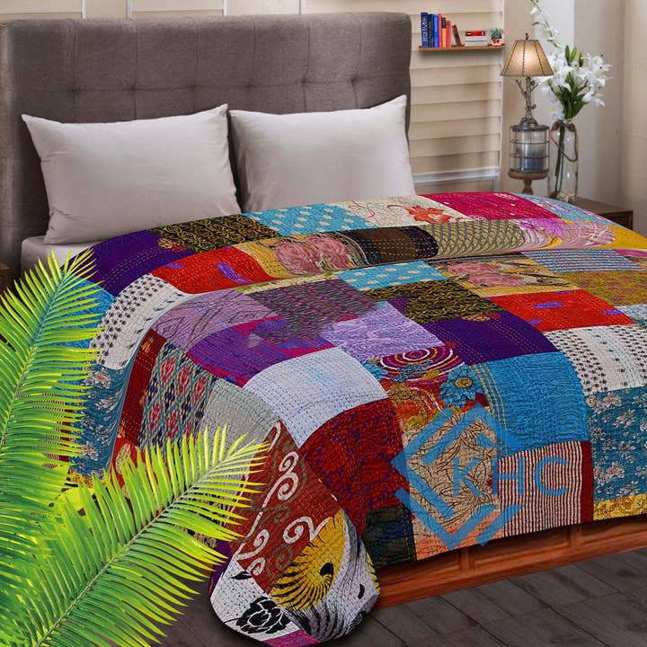 Handmade Patchwork Quilt Silk Patola Multicolor Quilt for wholesale by KHC