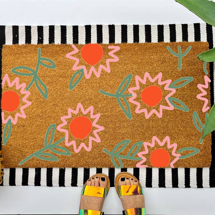 Sunflower Coir Doormat, size 18x30, floral welcome mat for wholesale by Cindy Hughes Design