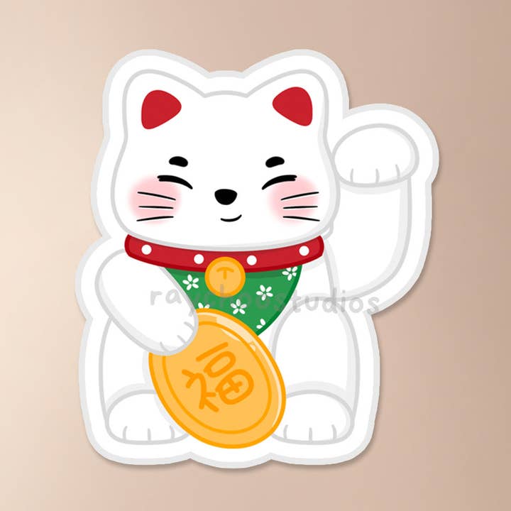 Autocollant en vinyle chat chanceux pour la vente par Raychoo Studios Inc.