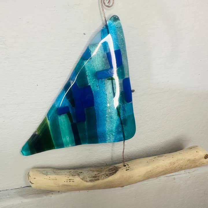 Ally Glass Studio – wholesale Ornament – fused glass and drift wood hanging boat