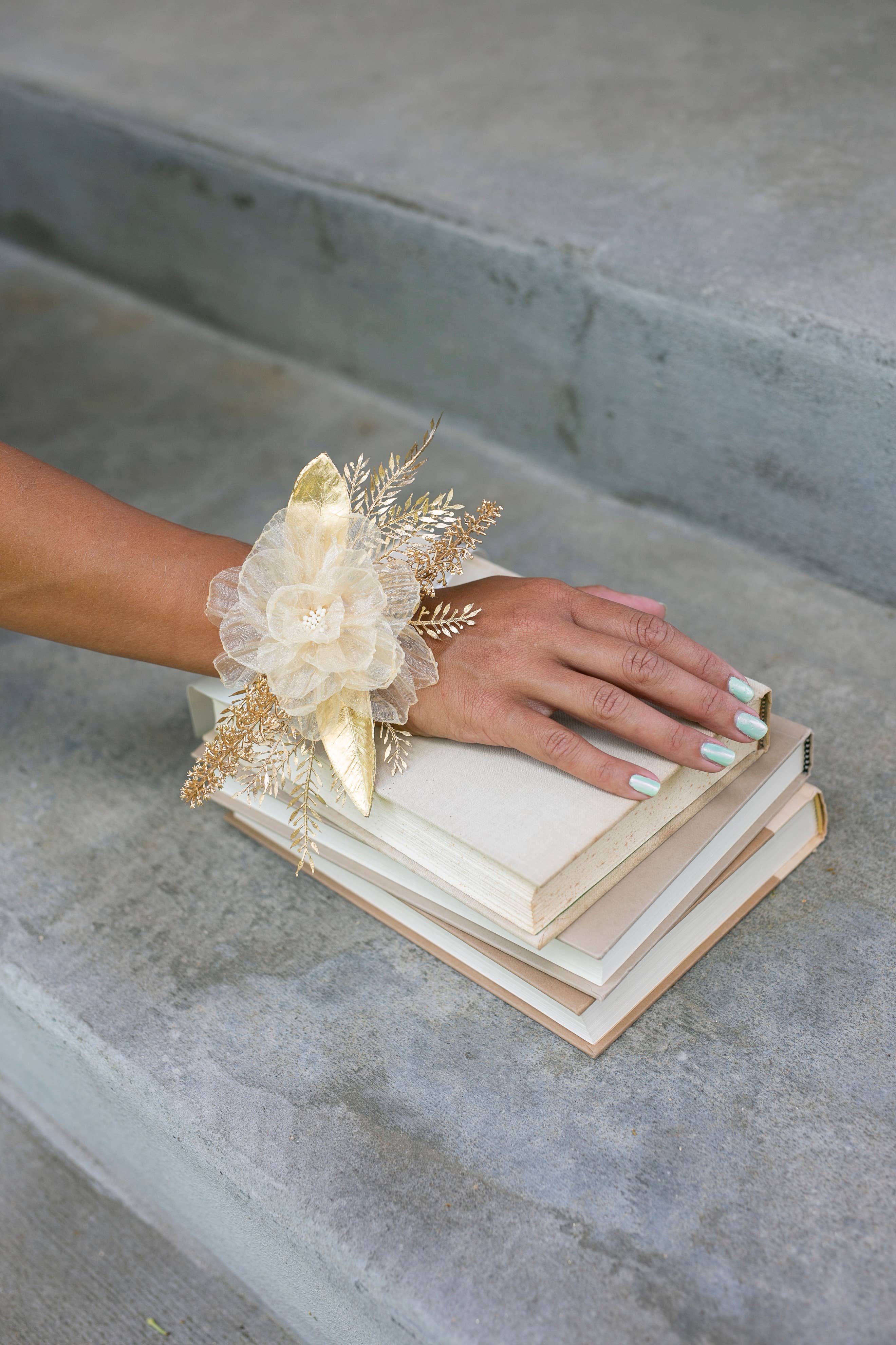 Indy Supply Co – wholesale Artificial flowers – Artificial Floral Corsage | Golden Floral Wedding Wristlet4