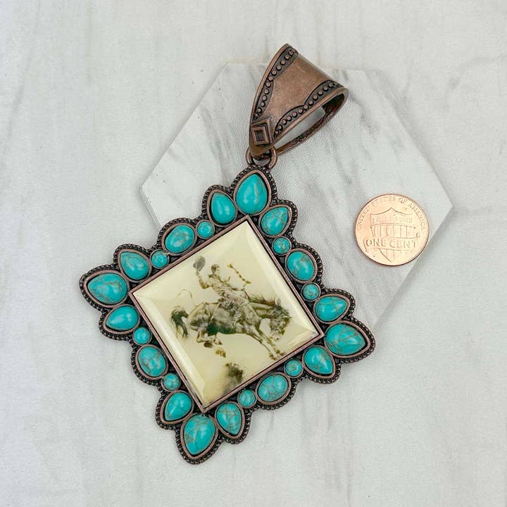 PD231210CP-05 Copper metal with blue turquoise stone square cowboy Pendent for wholesale by Western Elite Jewelry
