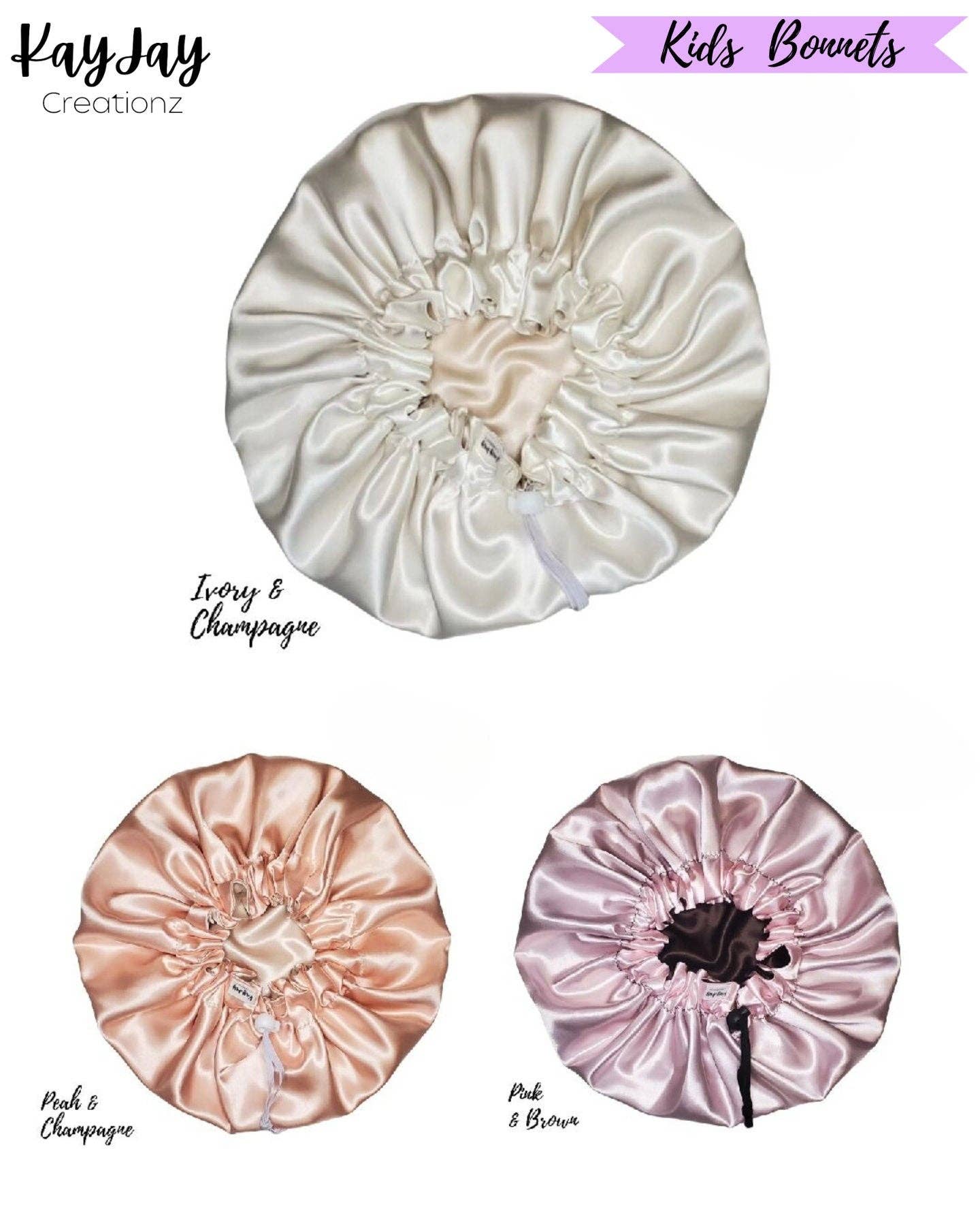 KayJay Creationz – wholesale Nattmössor- och hättor – Barn – Elfenben & Champagne Satinmössa | Dubbel-lager Vändbar och Justerbar | Silkesatin Sovmössa för Barn1