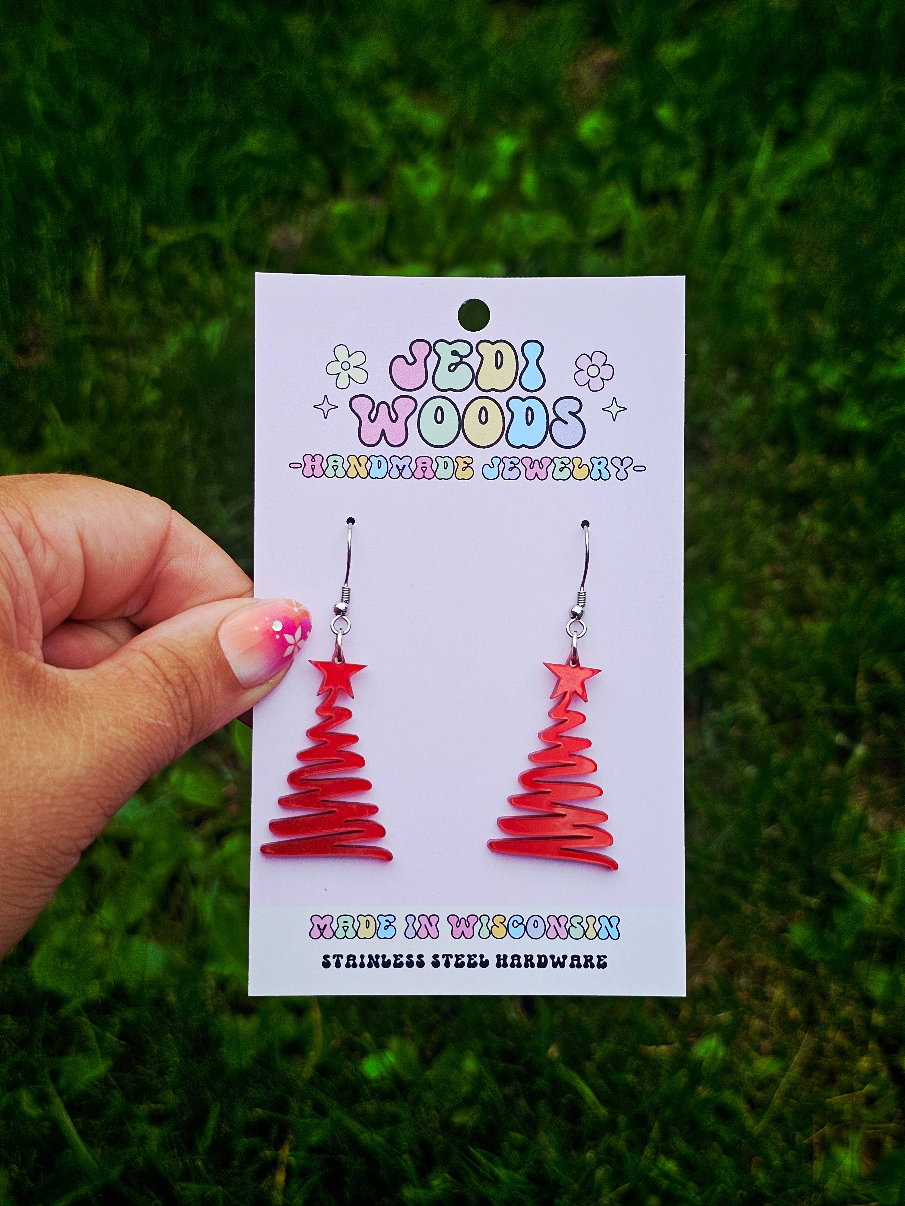 Jedi Woods LLC - Wholesale Dangle Earrings - Metallic Red Squiggly Christmas Tree Earrings2