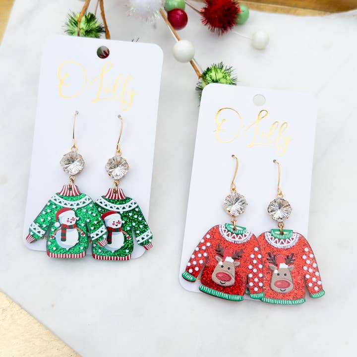 O’Lolly Jewelry - Wholesale Dangle Earrings - Christmas Sweater Earrings w/Clear Stone Earrings0