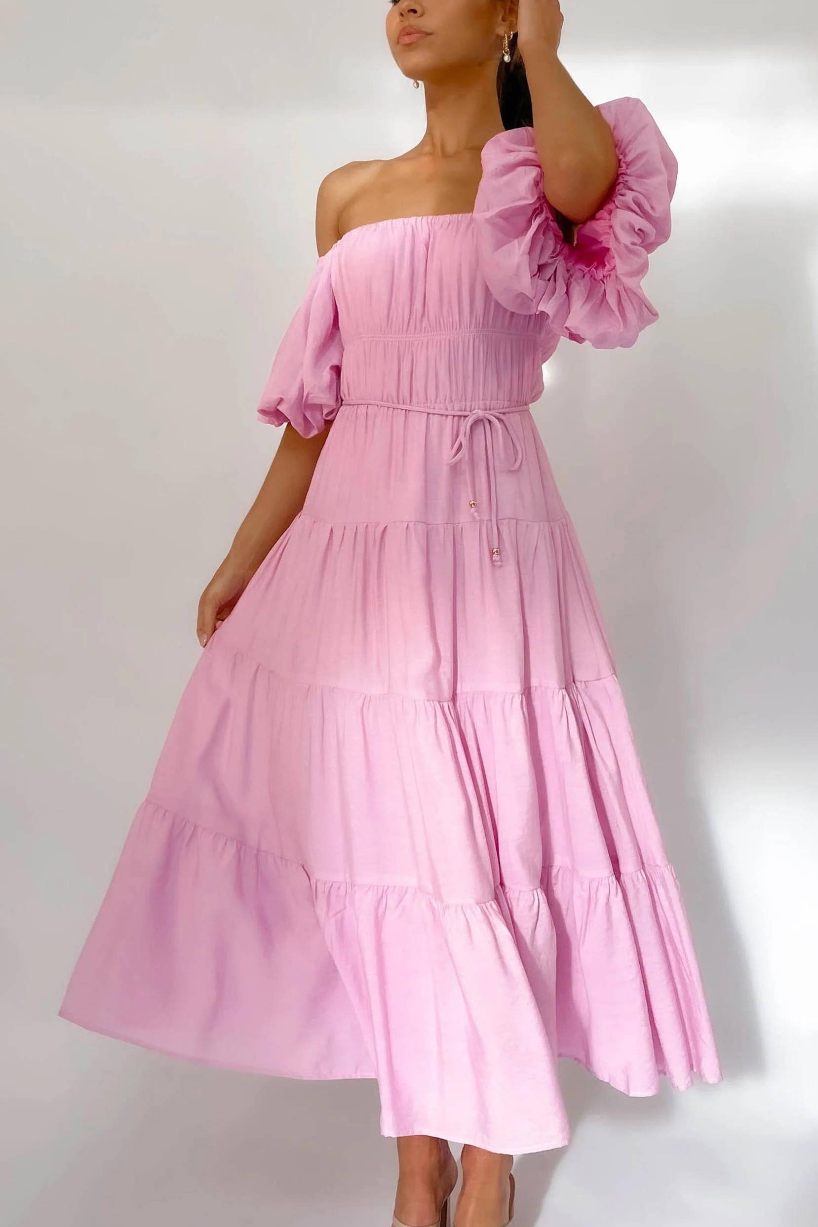 ESLEY – Vestido - Mulher por atacado – D2023ES0006-Puff mangas fora do ombro vestido maxi1