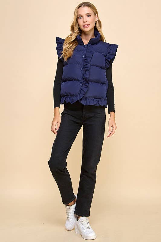 NAVY CV1235-Ruffle Trim Button Down Puffer Vest for wholesale on Faire4