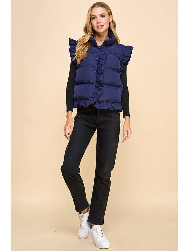NAVY CV1235-Ruffle Trim Button Down Puffer Vest for wholesale on Faire4