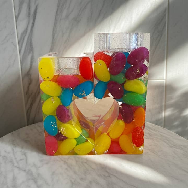 2 Set Jellybean Sweets Heart Resin Tea Light Holders for wholesale by Face It Home Decor