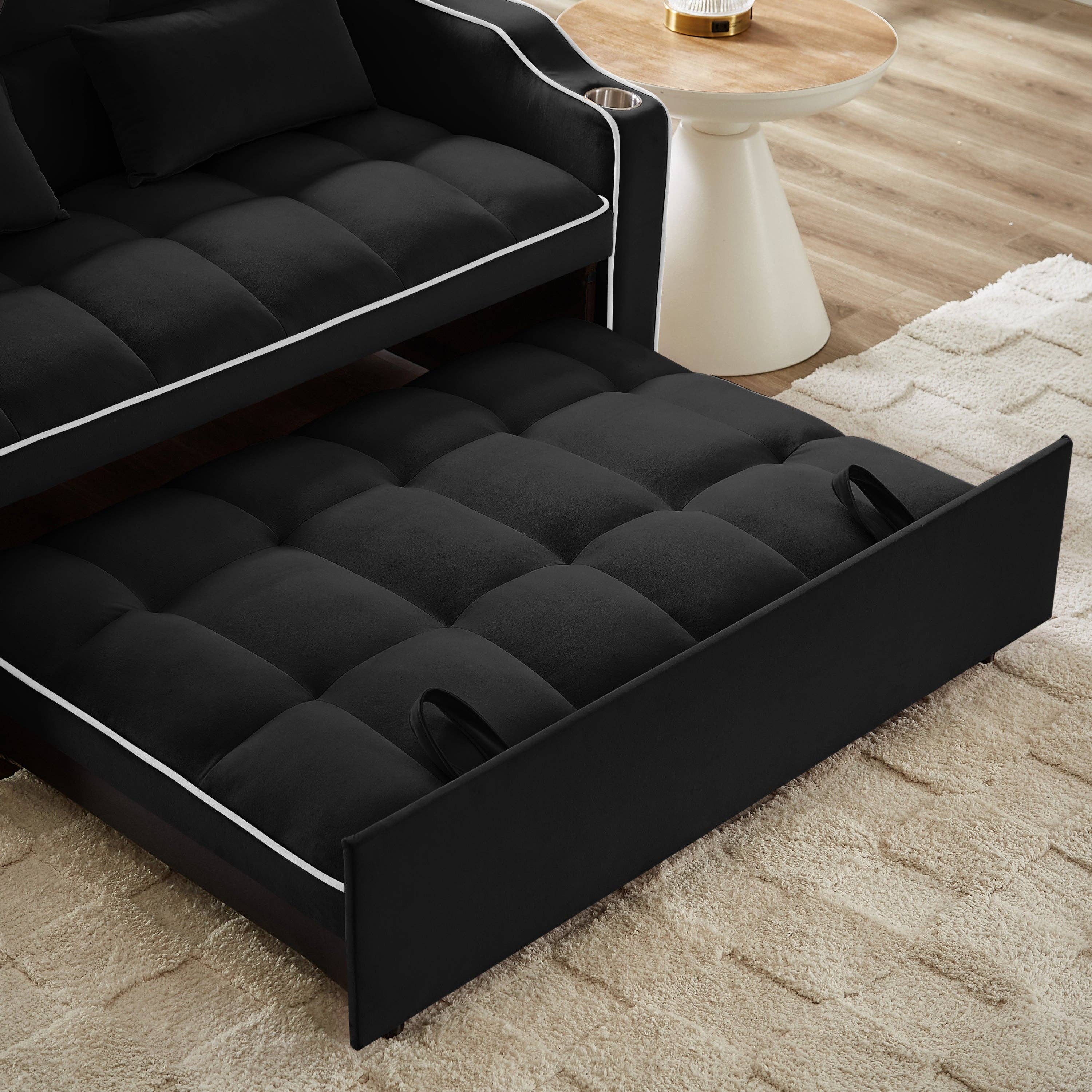 39F Inc. - Wholesale Sofa - Black Foldable Velvet Sofa Bed with USB and Storage6