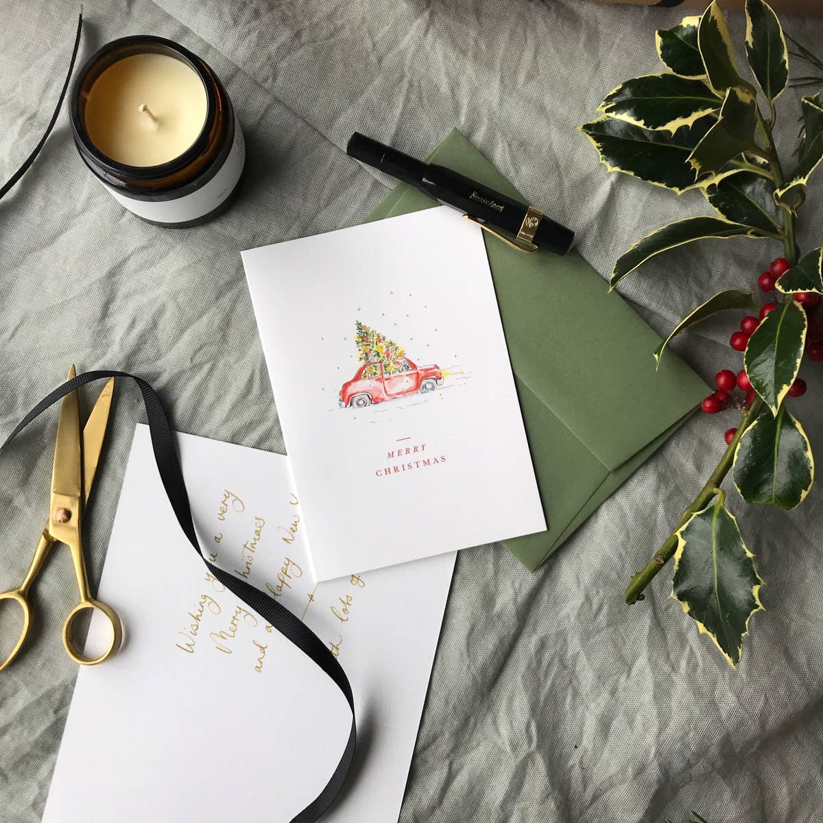 Annie Brougham Paper Goods. - Wholesale Christmas Card - Car and Tree Traditional Vintage Style Christmas Card4