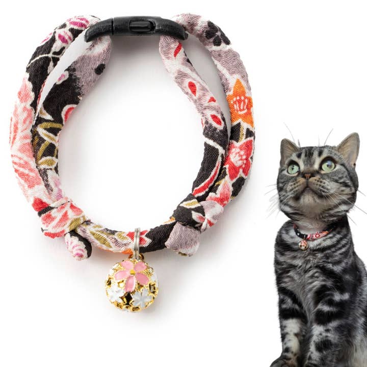 Chirimen Sakura Cat Collar (Black) for wholesale by MOON-X USA, INC.