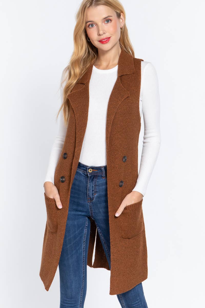 42POPS - Wholesale Outerwear Vest - Women's - ,_.._ SI-15549 Notched Collar With Side Pocket Long Sweater5