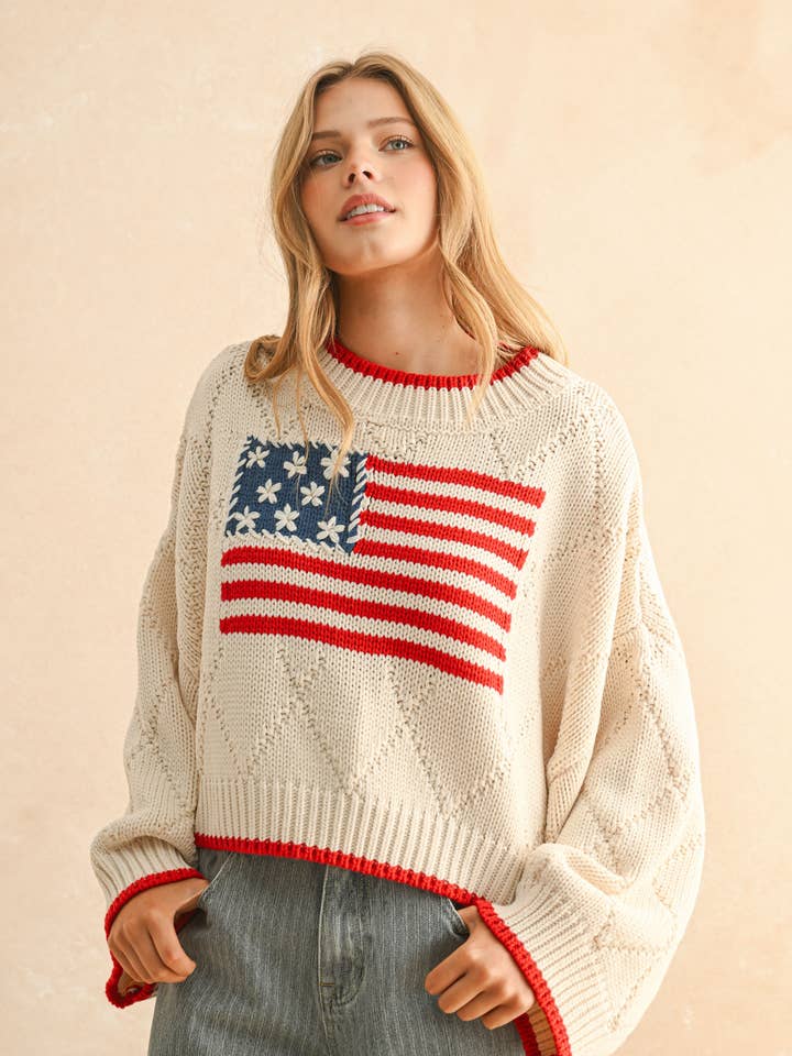 T5915 AMERICAN FLAG FRONT SWEATER TOP for wholesale by MIOU MUSE