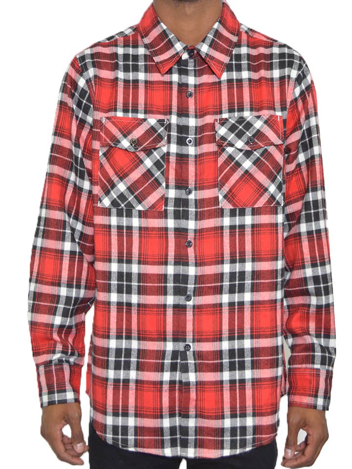 Full Checkered Long Sleeve Flannel Button Shirt - Red Black for wholesale by WEIV