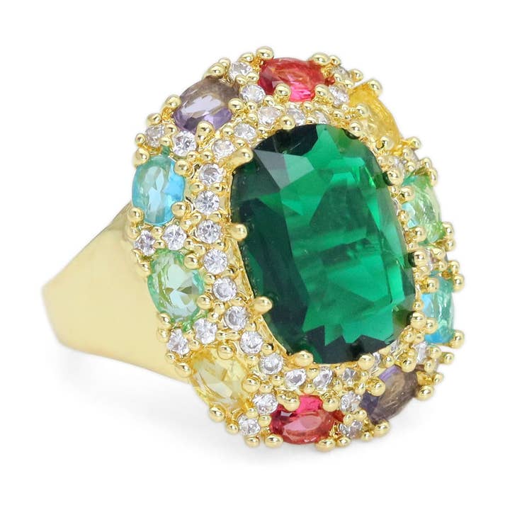 Gold Colorful CZ Oval Emerald Statement Adjustable Ring, Sku#LX545 for wholesale by BestBeads&Beyond