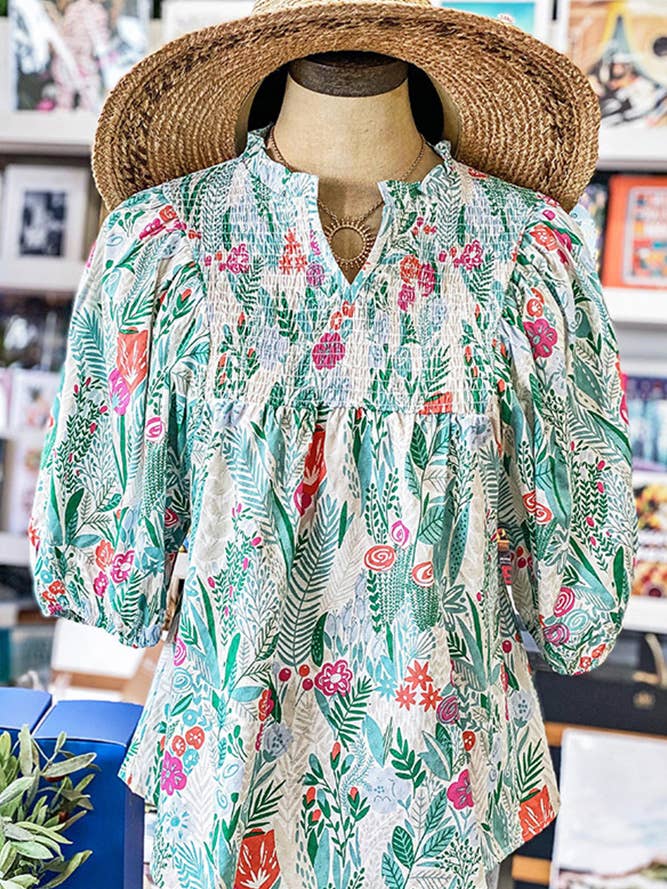 UNISHE - Wholesale Blouse - Women's - Textured V Neck Smocked Puffy Sleeves Blouse Top BBSP018