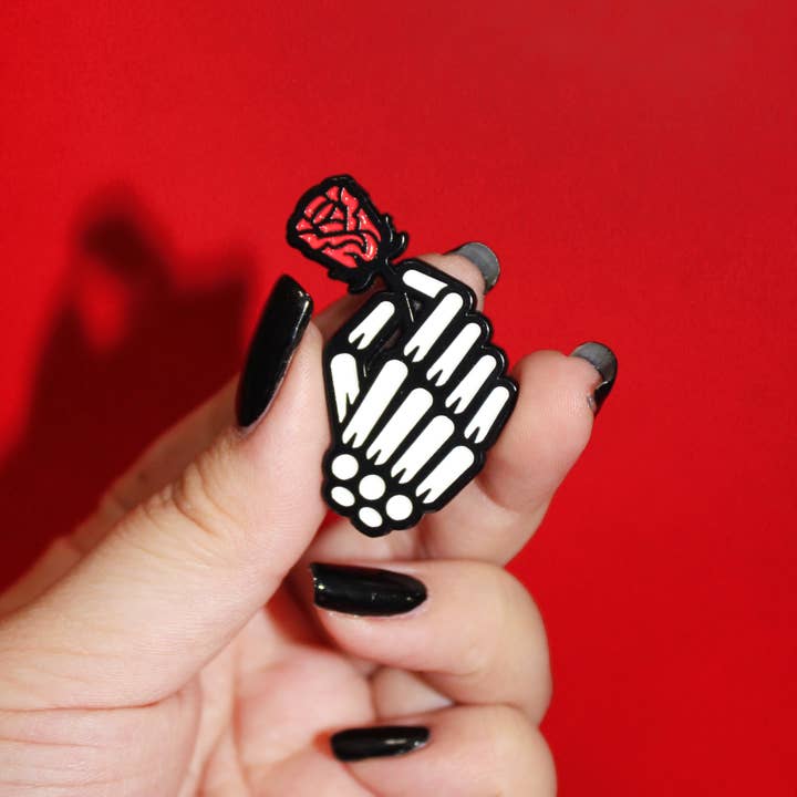 New Heights Studio - Wholesale Lapel Pin/Button - "Skeleton Rose" Soft Enamel Gothic Halloween Pin (1.65' in.)