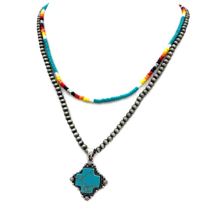 Turquoise Bead Navajo Cross Pendant Necklace for wholesale by Lunar Deer