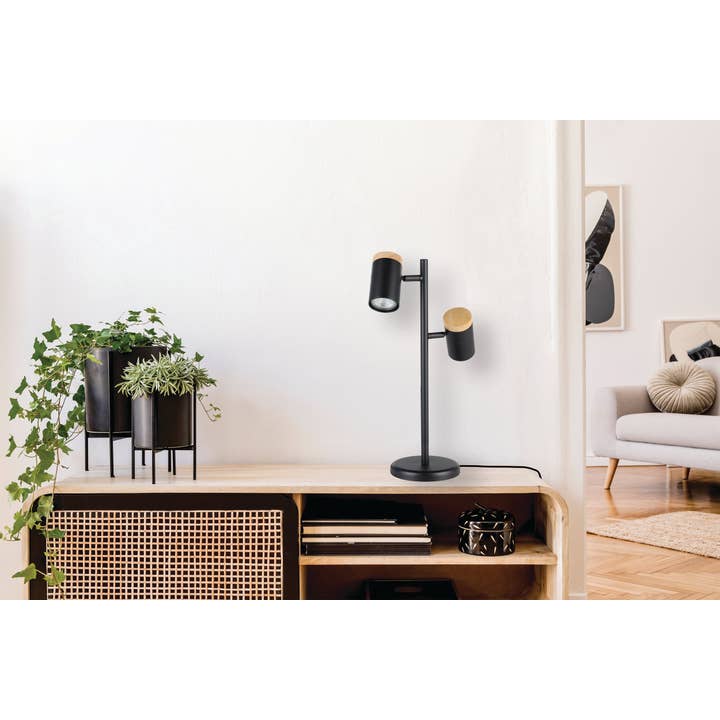 Accent structuré noir et bois Chatterton - Lampe de Table 2 Lumières en vente sur Faire