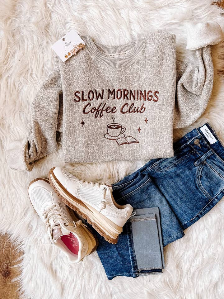 Slow Mornings Coffee Club Embroidered Sweatshirt - Latte for wholesale by Emerlie Love