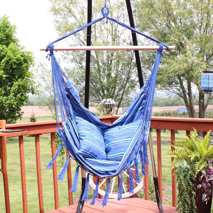 Polyester Hammock Chair with Cushions - Blue Stripes for wholesale by Sunnydaze Decor