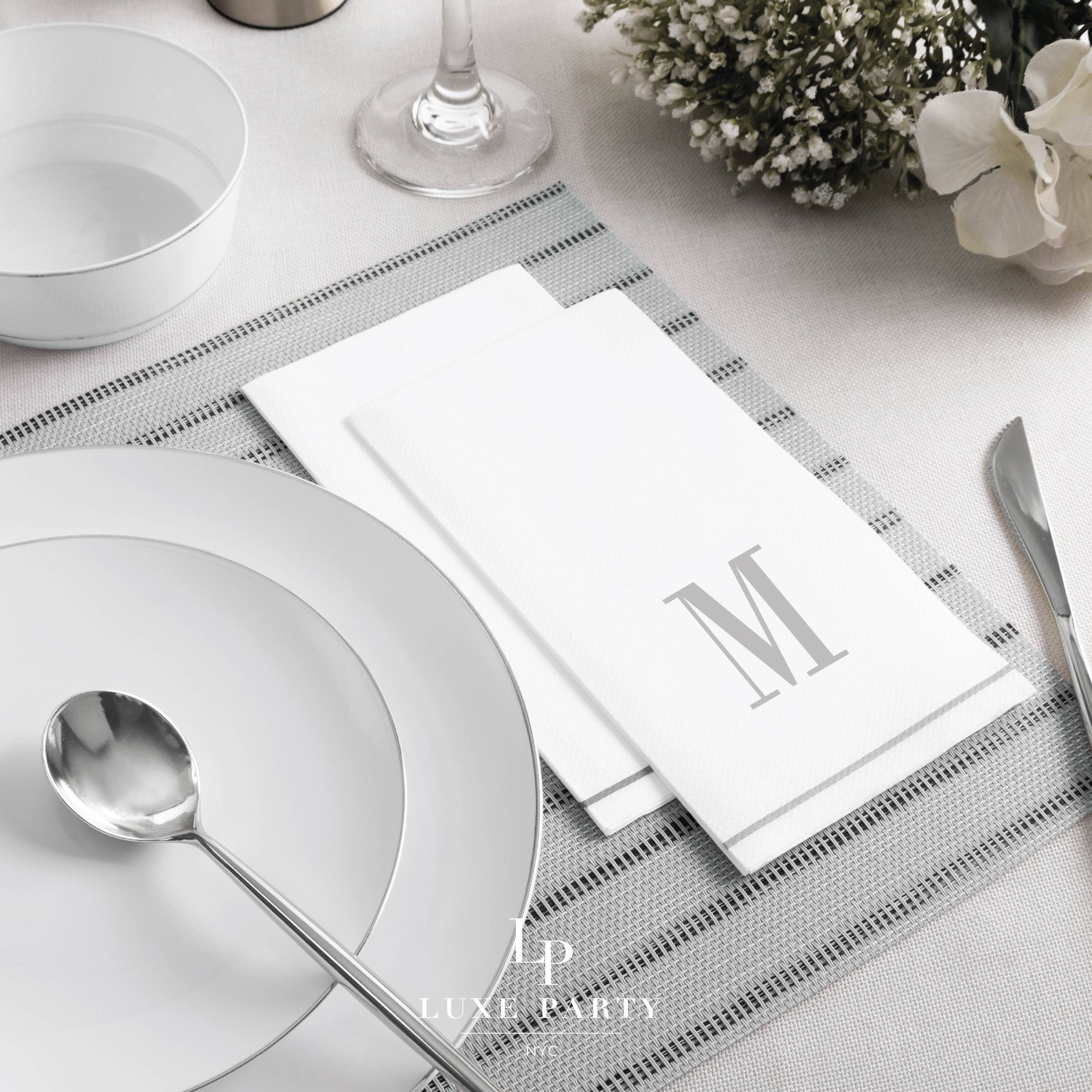 Luxe Party - Wholesale Disposable Napkin - M Silver Monogram Paper Dinner Napkins | 14 Napkins0
