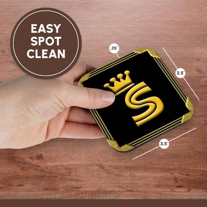 3dRose - Wholesale Coasters - 3dRose, King, queen crown, rich frame. Yellow on black. Stunning letter S, Coaster13