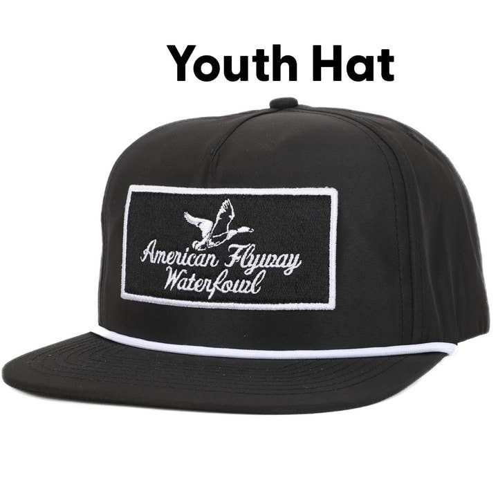 Youth Throwback Vintage Rope Hat Black w Patch and White Rope for wholesale by American Flyway Waterfowl