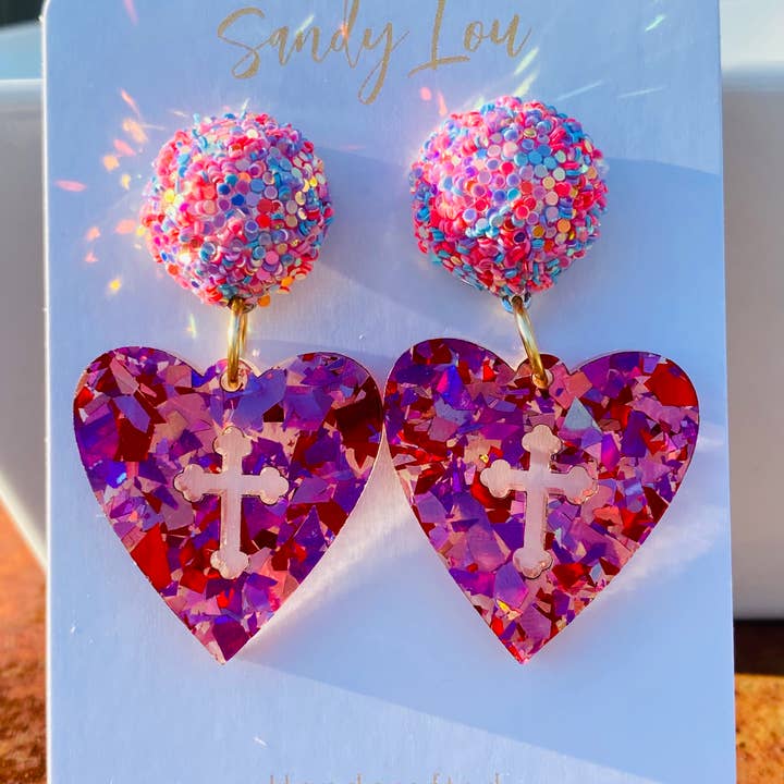 Sacred Sparkle Heart Cross Earrings – Red & Hot Pink Glitter for wholesale by Sandy Lou Designs
