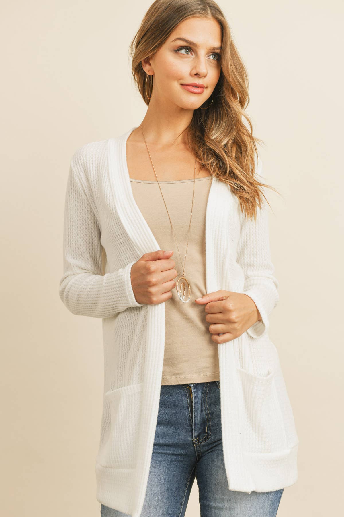 You & Me – Großhandel Strickjacke – Damen – GEBÜRSTETER WAFFEL LANGARM SEITENTASCHEN OFFENE FRONT STRICKJACKE15