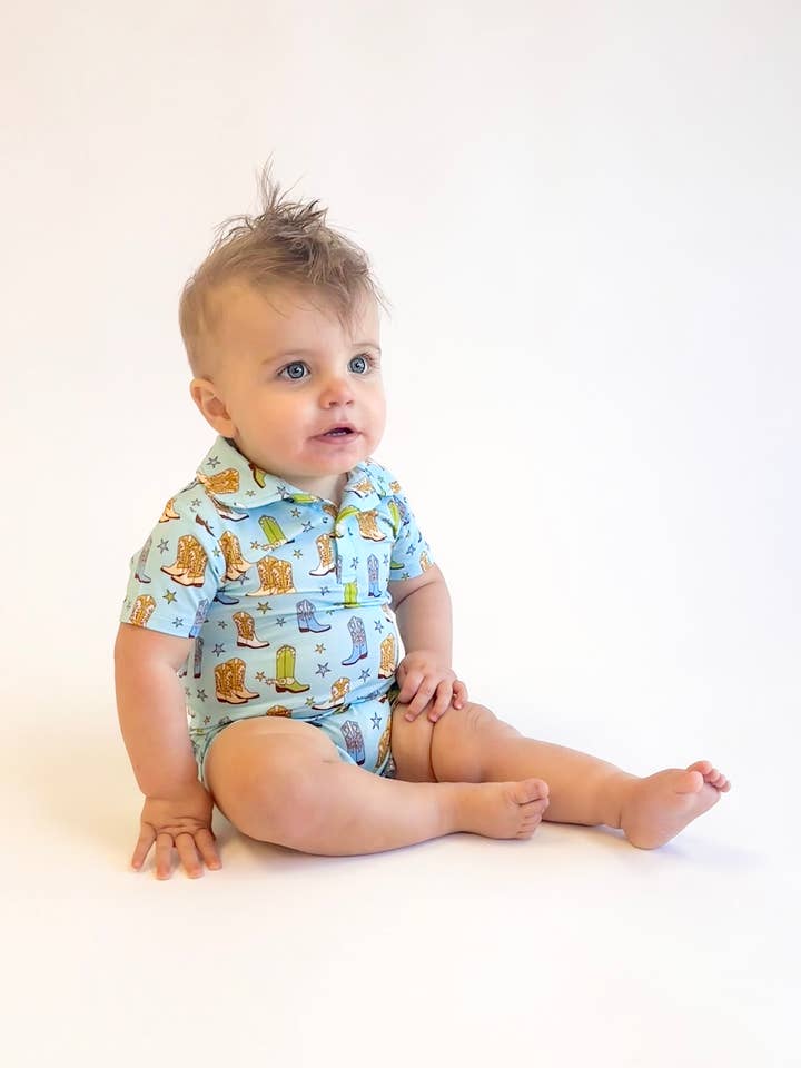 Cowboy Boots & Stars - SS Polo Romper (Discontinued) for wholesale by Goosies