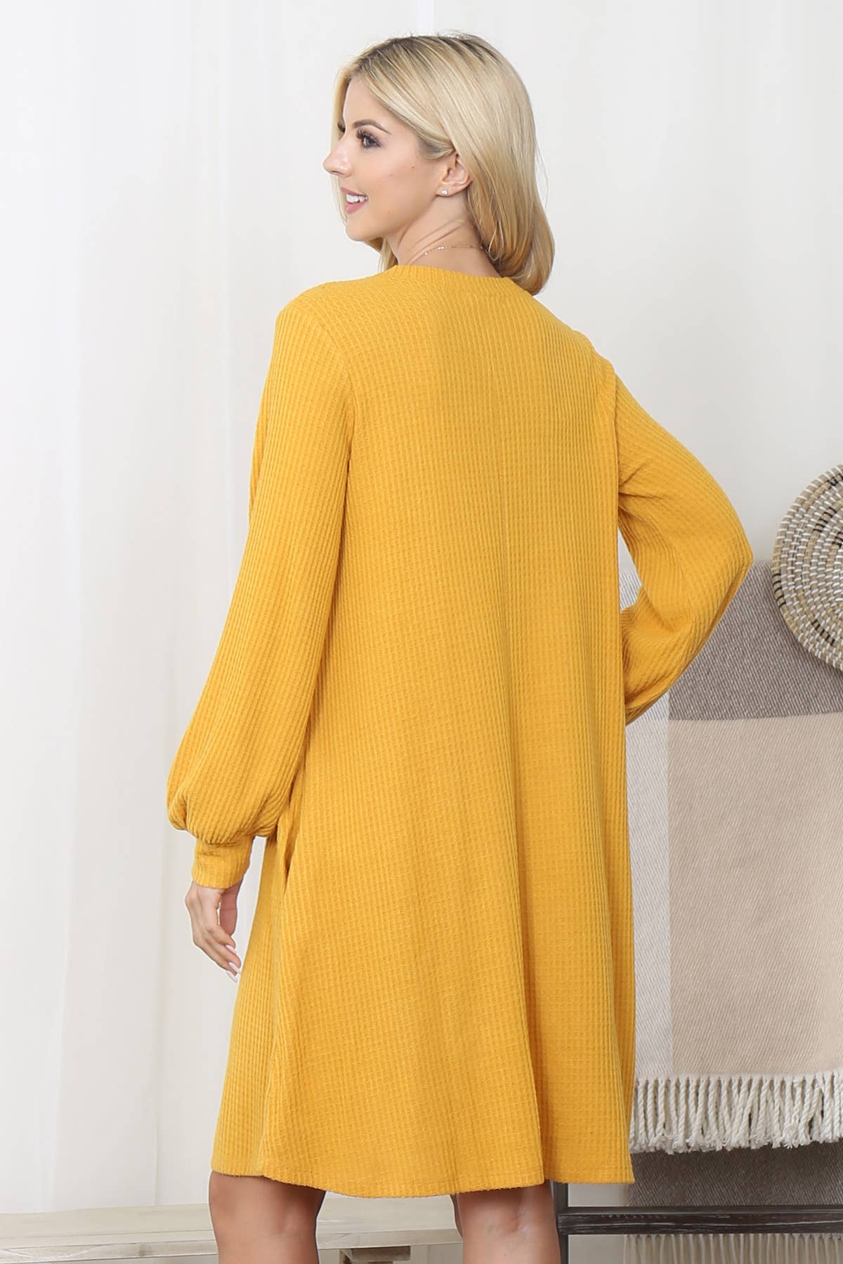 You & Me - Wholesale Dress - Women's - YMD10051V-BRUSHED WAFFLE BUBBLE SLEEVE POCKET DRESS1