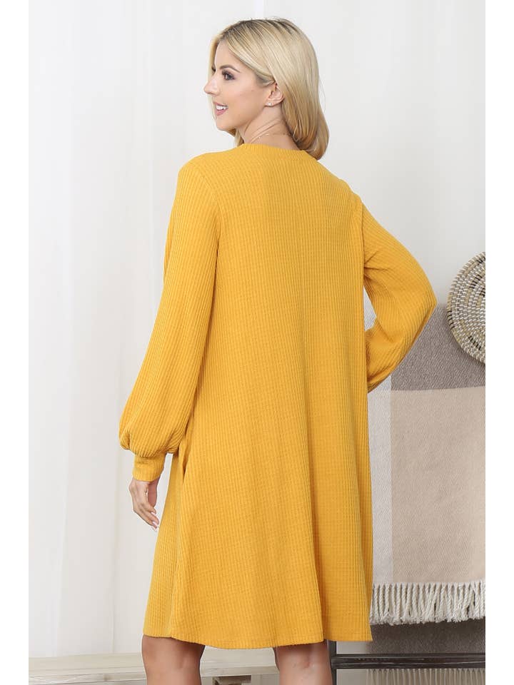 You & Me - Wholesale Dress - Women's - YMD10051V-BRUSHED WAFFLE BUBBLE SLEEVE POCKET DRESS1