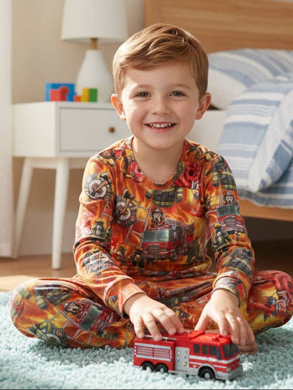Bamboo Two Piece Pajama Set, Blazing Firefighter Dalmatian for wholesale by Miller & Co.