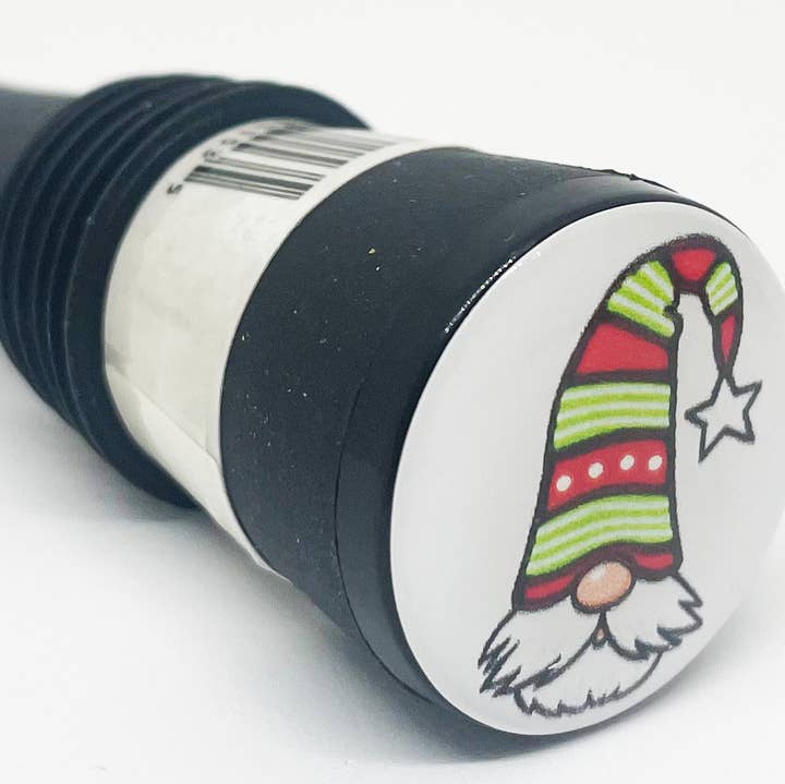 Flessenstop met gestreepte hoed voor kabouters - zwarte basis voor wholesale door The Wine Steward LLC