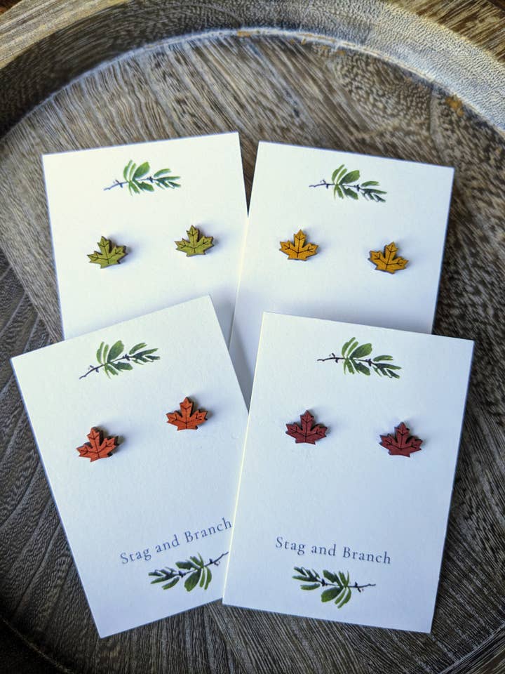 Maple Leaf Earrings | Laser Cut Wood Stud Earrings, Gift for for wholesale by Stag and Branch