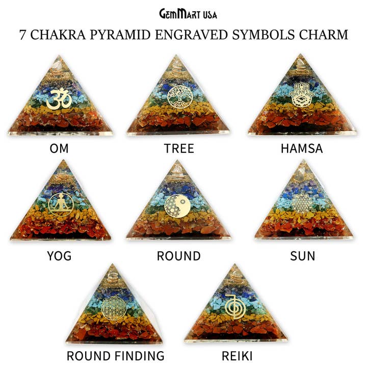 7 Chakra Pyramid, Graverade Symboler Charm-fynd, 75x60mm för wholesale av GemMartUSA