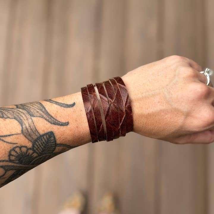 Leather Cuff - Brown Basketweave Leather for wholesale by Raleigh Leather