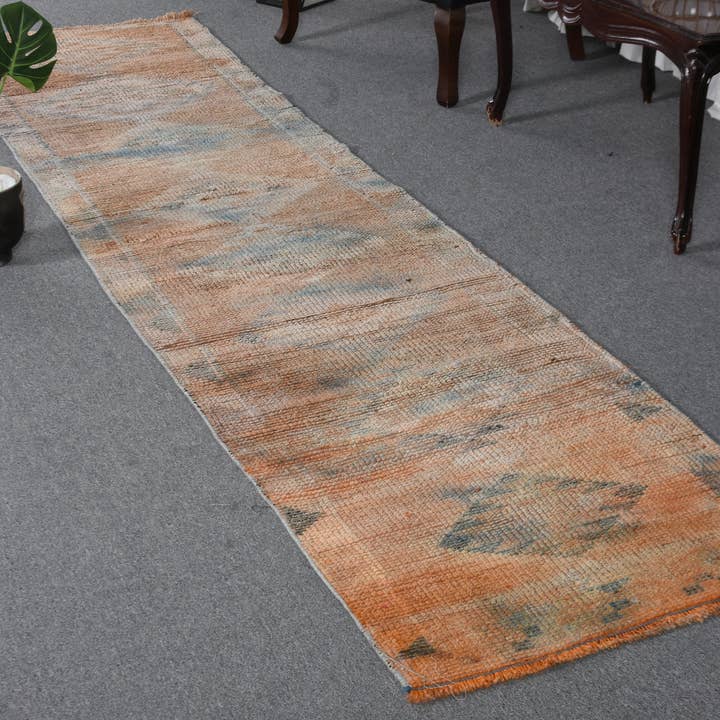 Vintage geometrisch oranje & blauw tapijt, handgemaakt 2,4x10 ft voor wholesale door Vintage Rugs Loom