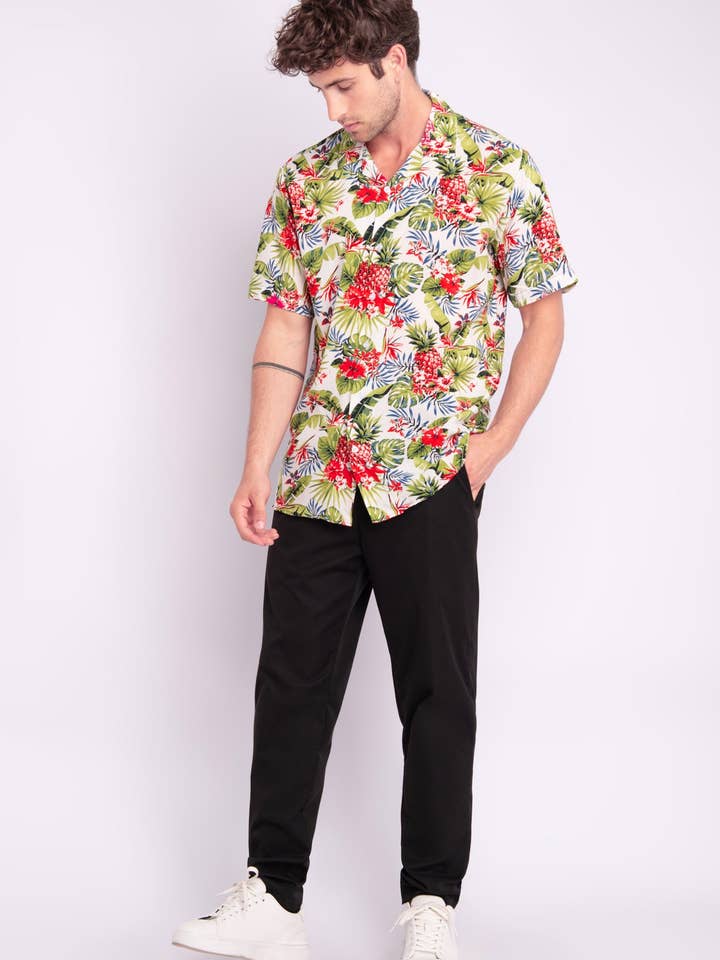 Floral Print Short Sleeve Shirt - White for wholesale by AARHON