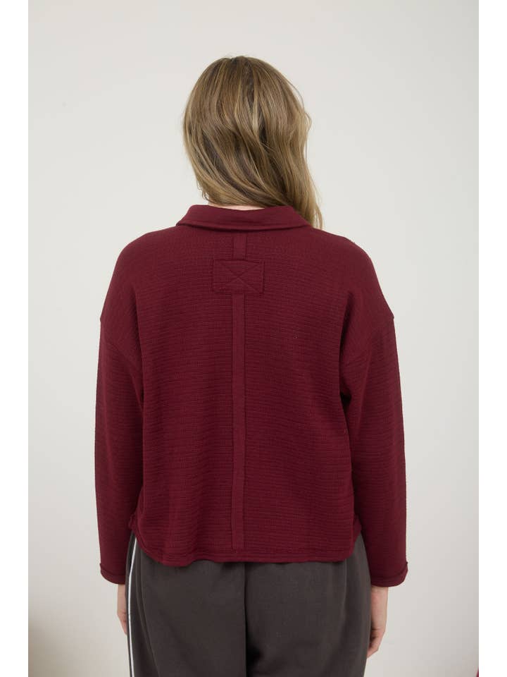 J.O.A - Wholesale Knit Top - Women's - EXPOSED SEAM LONG SLEEVE TEXTURED KNIT POLO1