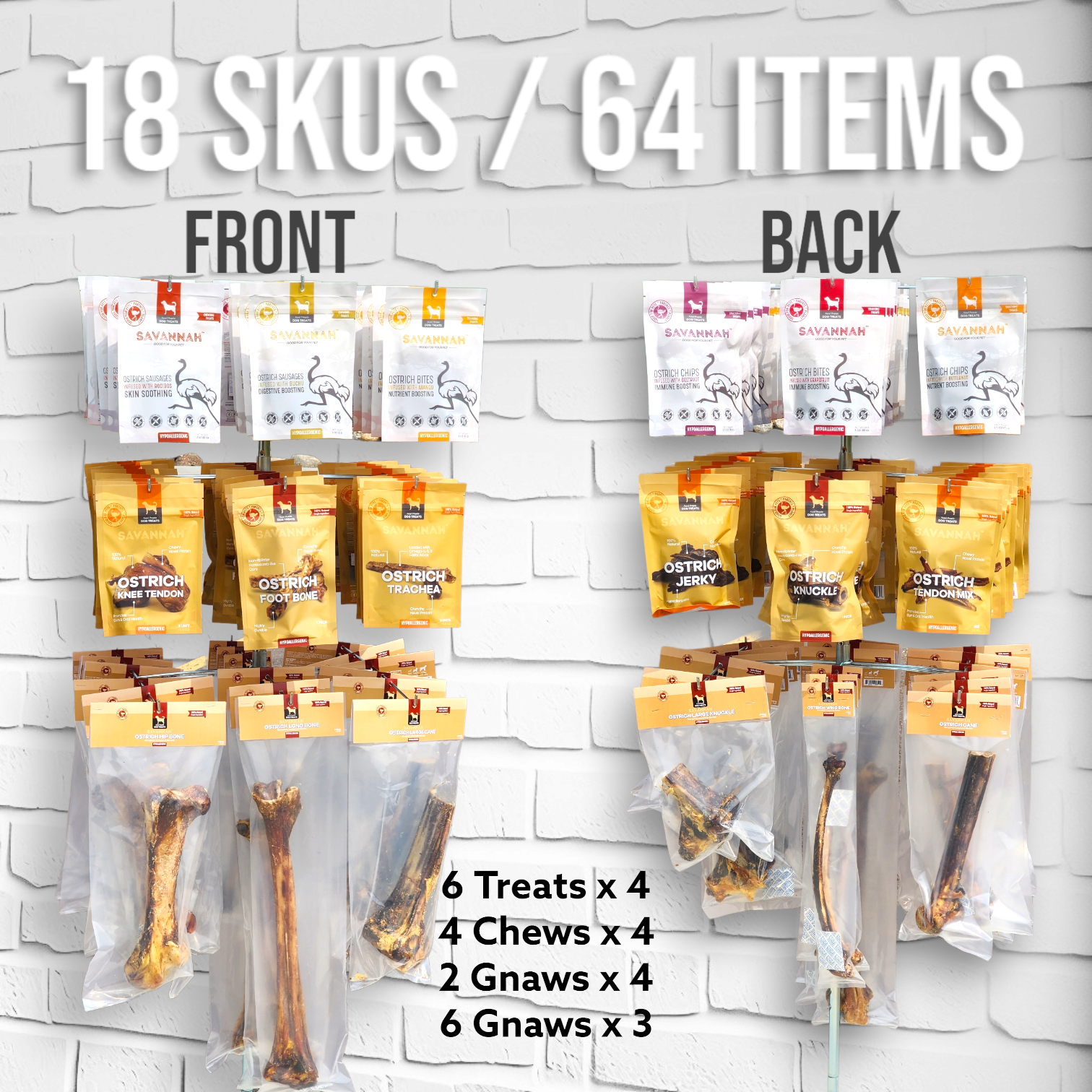 Savannah Pet Food - Wholesale Pet Treats - Dog - Retail Display Set - 64 x Hypoallergenic Ostrich Dog Treats1