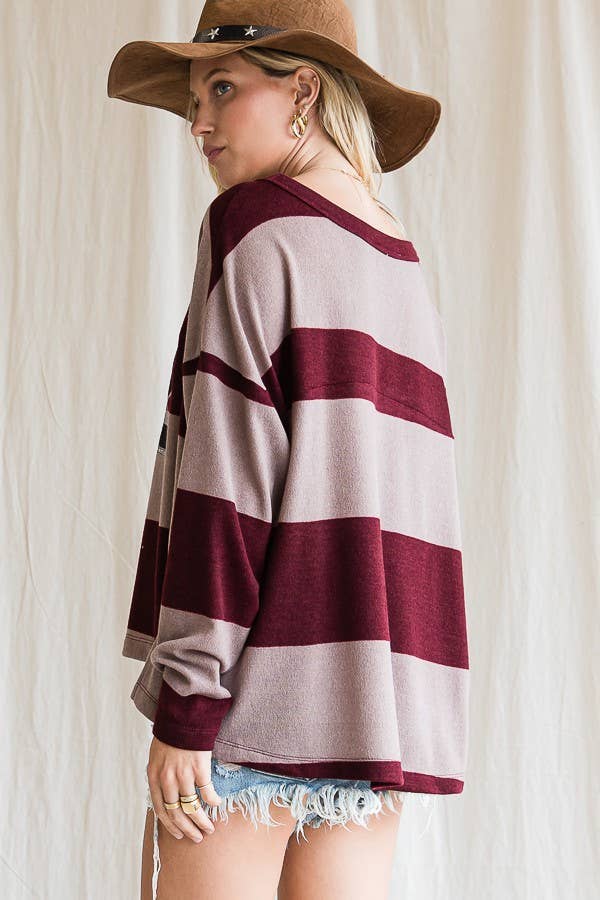 BORDEAUX/MOKA SALDI OUTLET T1589 Top a blocchi di colore con stampa numero 22 in vendita all'ingrosso su Faire13