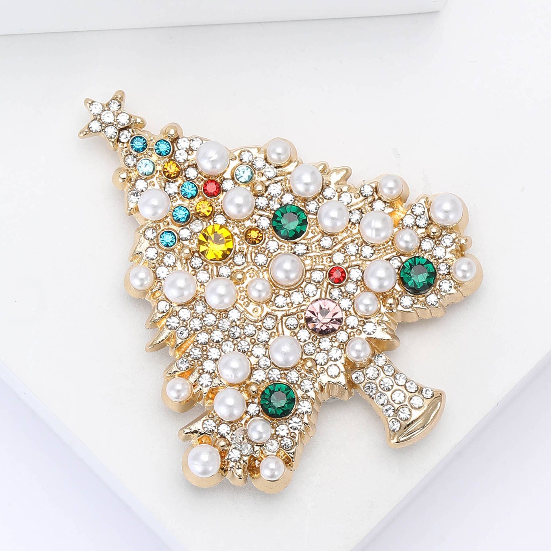 White Christmas Tree Brooch, Rhinestone & Pearl Ornament Pin for wholesale on Faire3