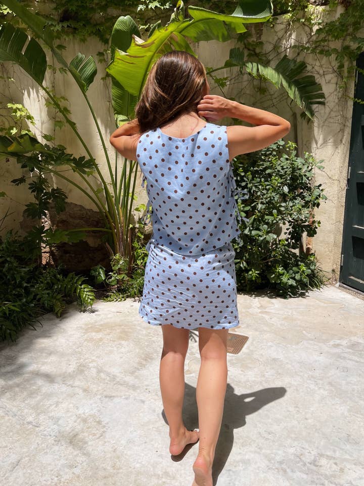 MindTraveler - Wholesale Skirt – Women’s - Macarena Skirt with Light Blue and Brown Polka Dots3