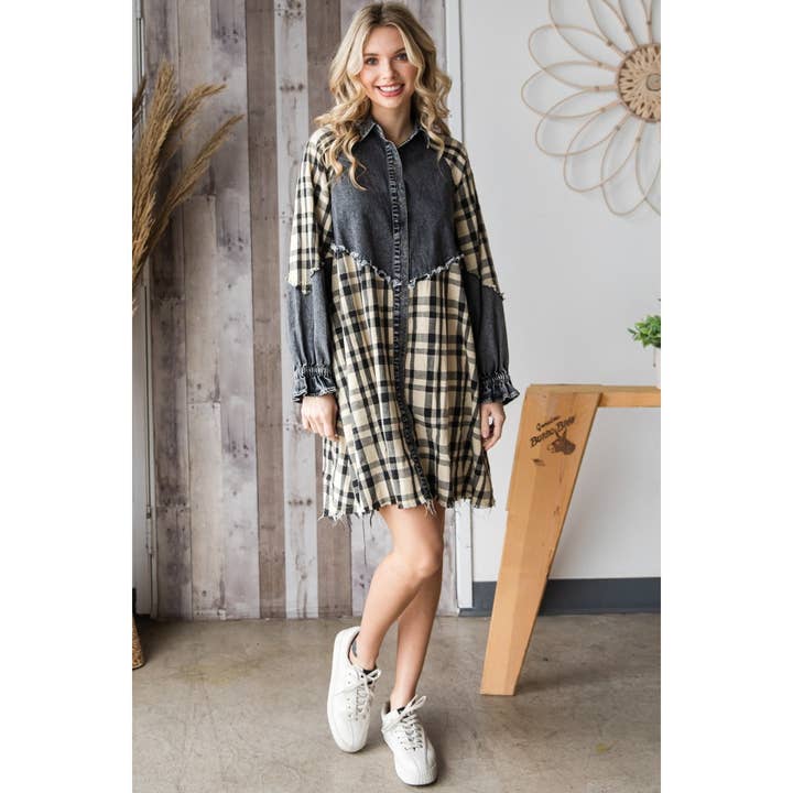 Veveret - Wholesale Dress - Women's - Plaid Contrast Denim Dress